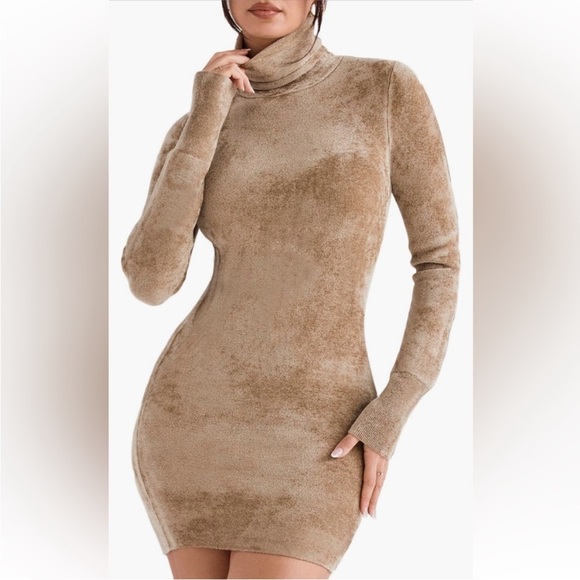HOUSE OF CB Taya Long Sleeve Curvy Turtleneck Chenille Minidress Taupe Musk::NEW - Picture 2 of 6